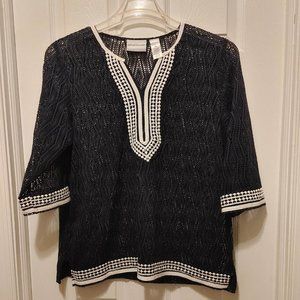 Alfred Dunner Black Mesh Top 3/4 Length Sleeves Sz M Petite White Accents Boho